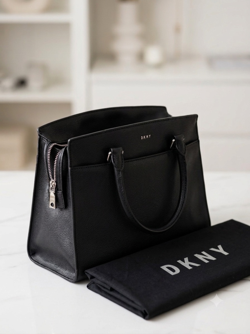 DKNY Black Pebbled Leather Satchel with Top Handles - Picture 1 of 6